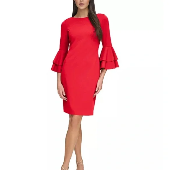 Calvin Klein Ruffled Bell Sleeve Sheath Dress Round Neck Formal Career Like New - Picture 1 of 16